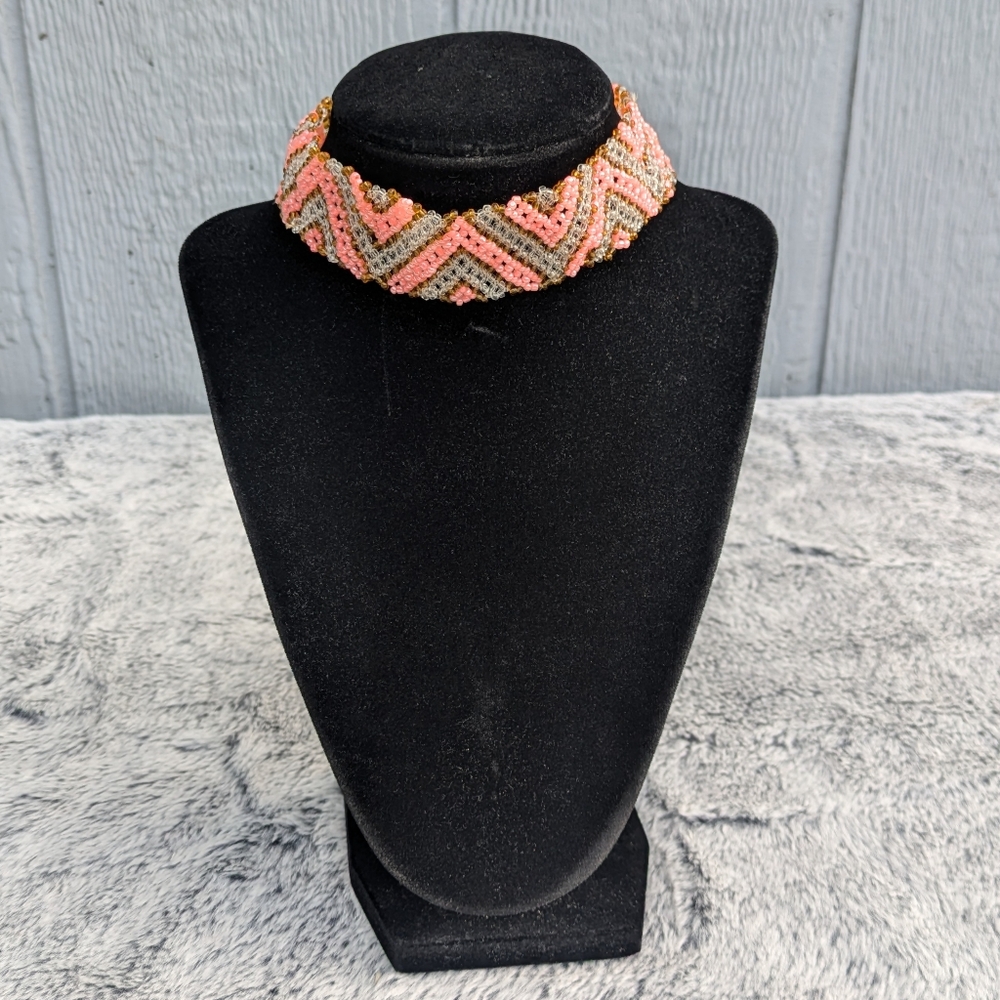 Handmade Glass‎ Beaded Wide Choker Pink Gold Geometric Chevron